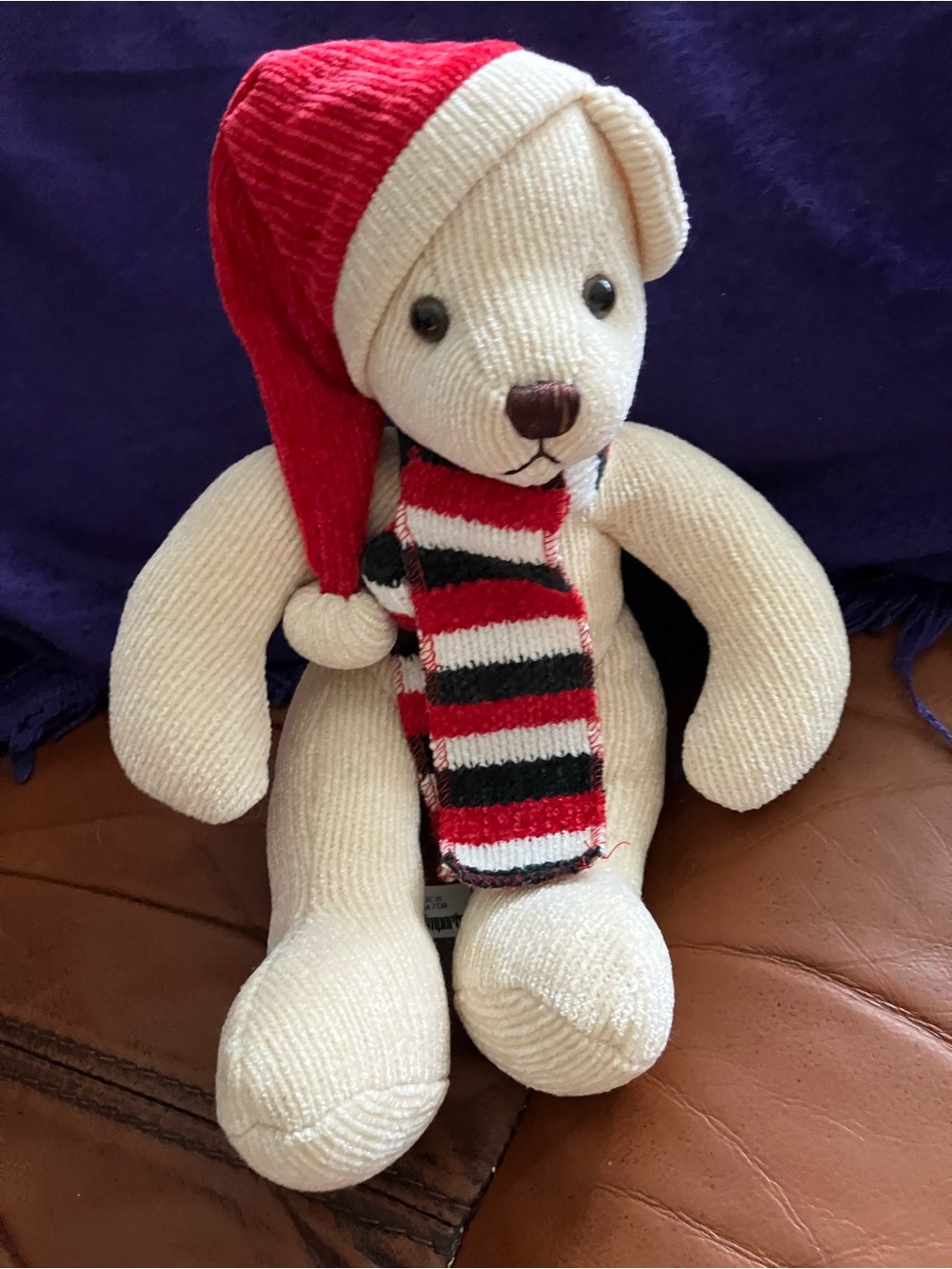 Pier 1 Cream Plush Bear with Red Hat and Red-Black-White Striped Scarf